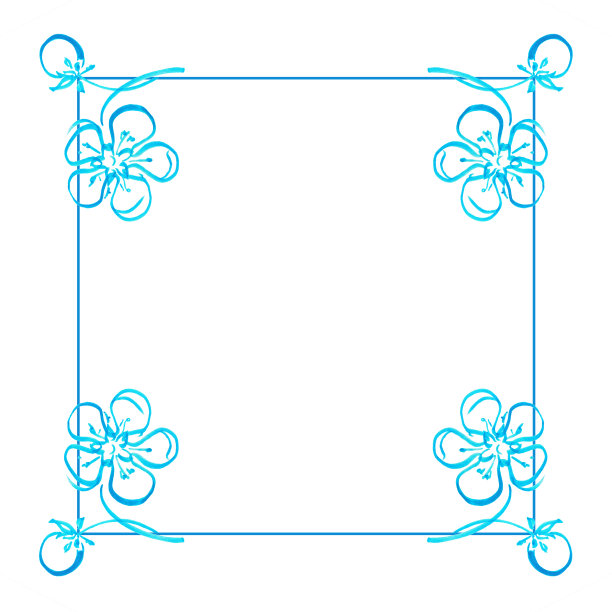 方形框架与美丽精致的复古花卉图案标记明亮的蓝色花朵与树叶手绘线描草莓图片下载