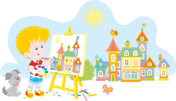 一个小男孩画了一个漂亮的小镇图片下载