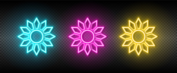 太阳、蓝色、粉红色和黄色霓虹灯图标集图片下载