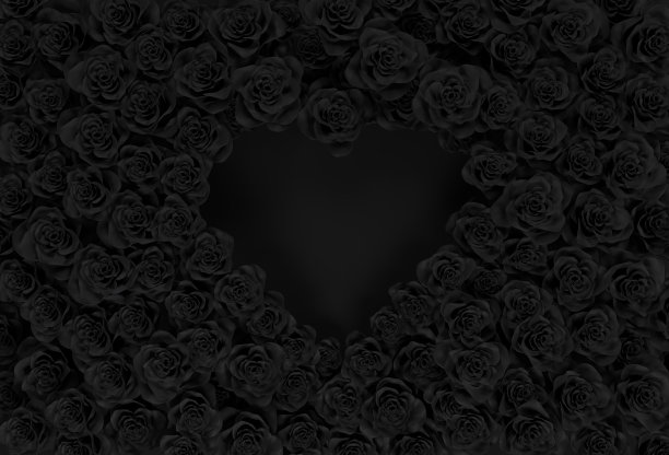 3d渲染的心脏形状周围的许多黑玫瑰。平铺极简的花卉风格概念图片下载