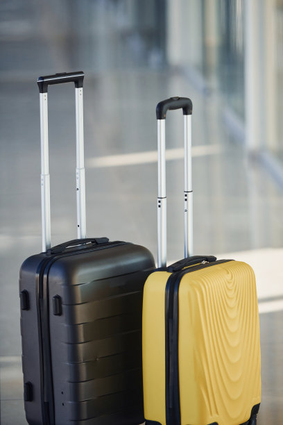 白天，机场大厅里摆放着黑白相间的行李箱图片下载