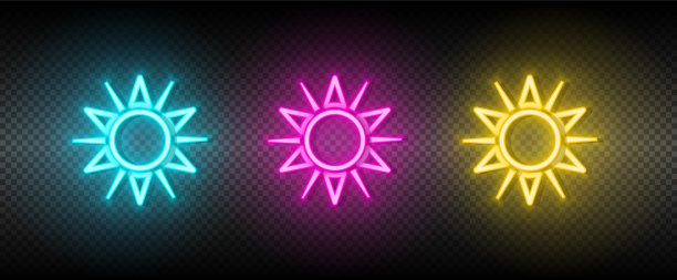 太阳、蓝色、粉红色和黄色霓虹灯图标集图片下载
