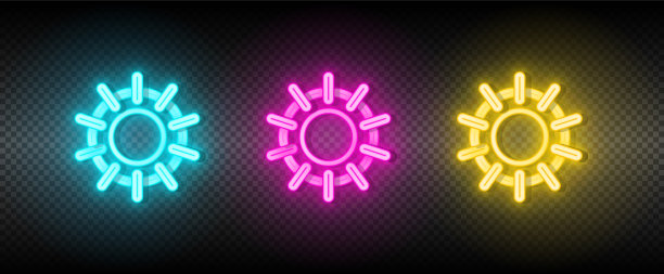 太阳、蓝色、粉红色和黄色霓虹灯图标集图片下载
