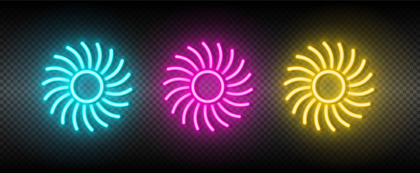 太阳、蓝色、粉红色和黄色霓虹灯图标集图片下载