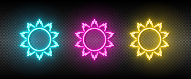 太阳、蓝色、粉红色和黄色霓虹灯图标集图片下载