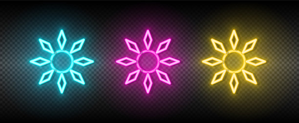 太阳、蓝色、粉红色和黄色霓虹灯图标集图片下载