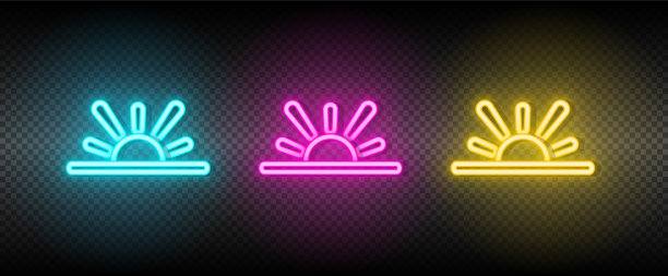 太阳、蓝色、粉红色和黄色霓虹灯图标集图片下载