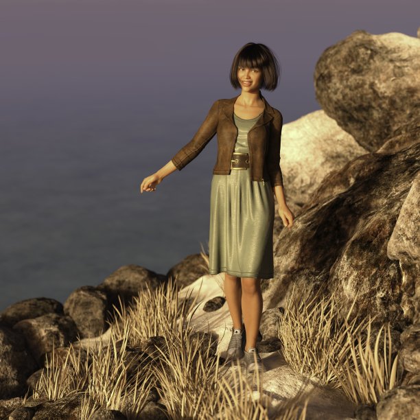 在山腰摆姿势的女人。图像中的人物是计算机通过三维渲染生成的。不需要模型发布，因为这个人是虚构的。图片下载