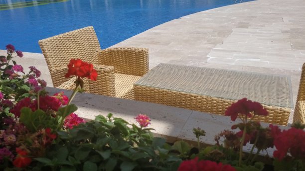 红色天竺葵和藤家具的海景露台无人图片下载