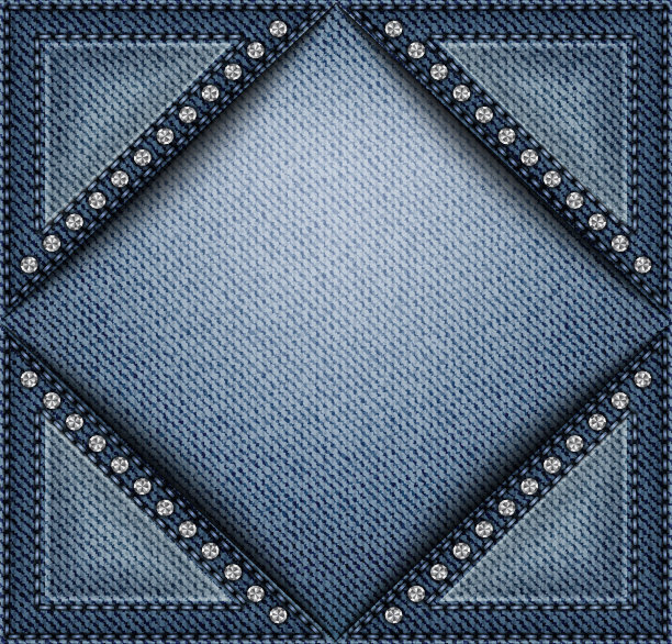 蓝色牛仔布横幅与三角形口袋与缝线和亮片的背景角度。图片下载