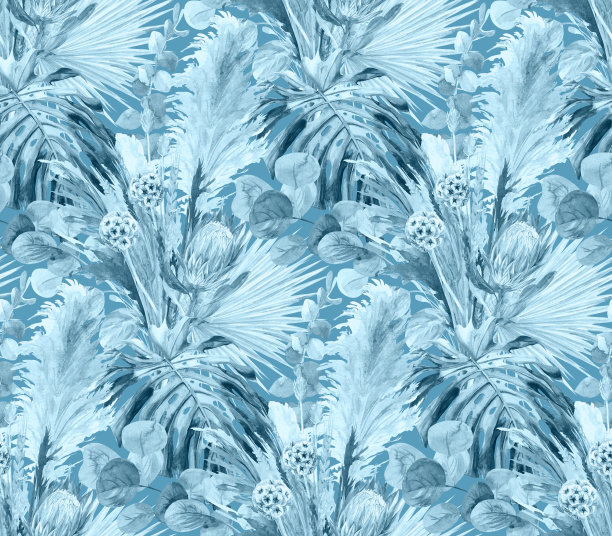 蓝色水彩无缝模式的干花与protea和怪物花图片下载