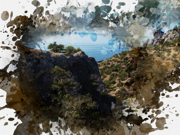 数码水彩画的一幅夏日风景画。绿色的灌木图片下载