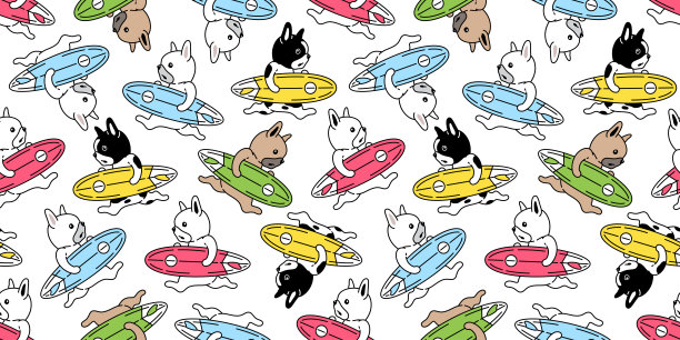 狗无缝图案法国斗牛犬冲浪板向量海滩海洋夏季卡通涂鸦围巾孤立重复壁纸瓷砖背景插图设计图片下载