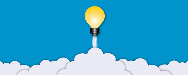 黄色灯泡像火箭一样升起，蓝色背景上有白云，想法灵感概念。图片下载