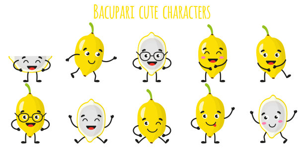 Bacupari水果可爱有趣的性格与不同的姿势和情绪。图片下载