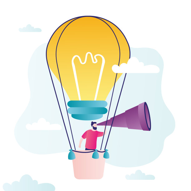 雄性人物飞大灯泡形状的气球。带着望远镜的商人寻找新想法图片下载