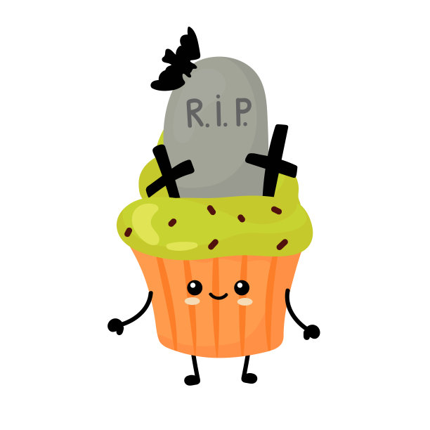 卡哇伊向量插图有趣的万圣节纸杯蛋糕孤立在白色背景。可爱、快乐、微笑的食物性格。图片下载