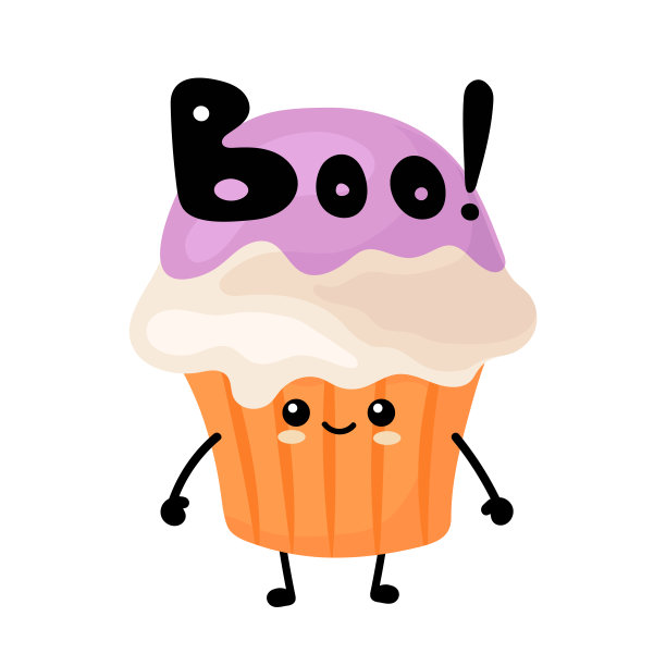 卡哇伊向量插图有趣的万圣节纸杯蛋糕孤立在白色背景。可爱、快乐、微笑的食物性格。图片下载