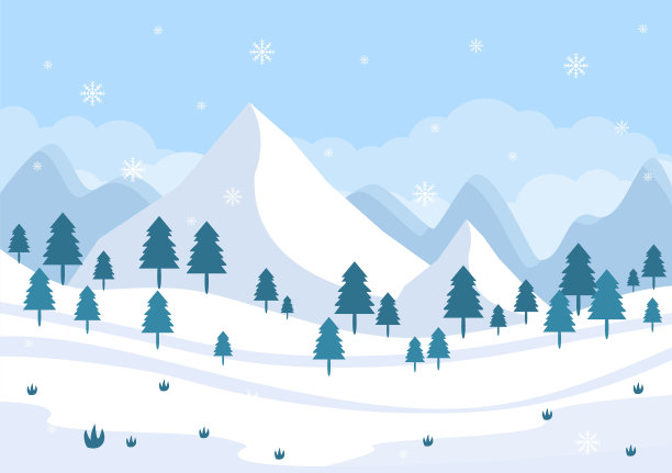 圣诞节冬季景观和新年背景矢量插图与飘落的白色雪，树，山在平面风格设计图片下载