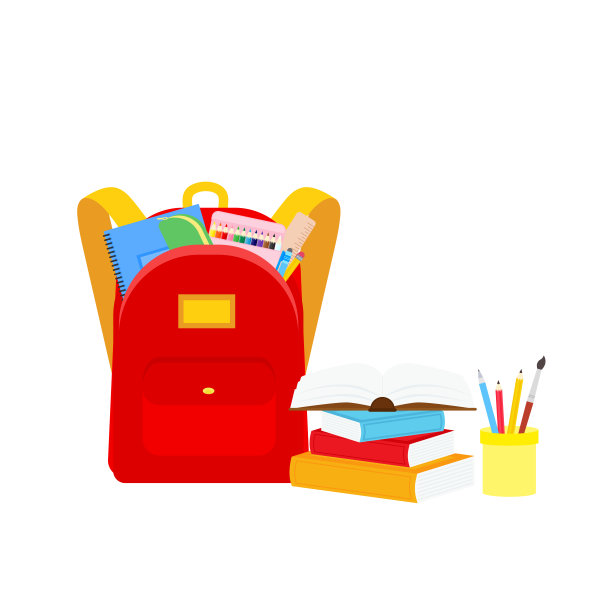 教室学校用品文具，铅笔盒，钢笔，成堆的书，照片写实文学，笔记本，笔记本教科书，书包，调色板和艺术刷子，彩色铅笔。矢量图图片下载