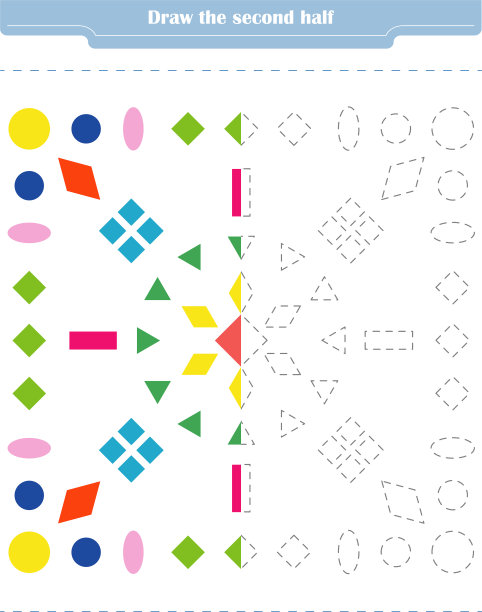 儿童教育游戏。圈出形状的第二部分并上色。图片下载