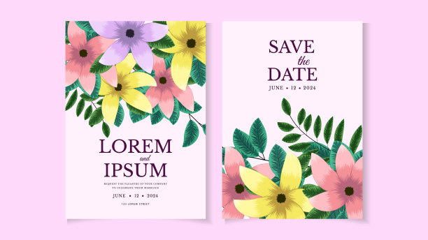 花卉婚礼邀请卡模板设置花卉框架和边界。保存日期，回复和感谢卡，封面设计图片下载