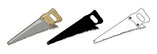 一套三木匠工具-三卡通锯，轮廓和黑色剪影。图片下载