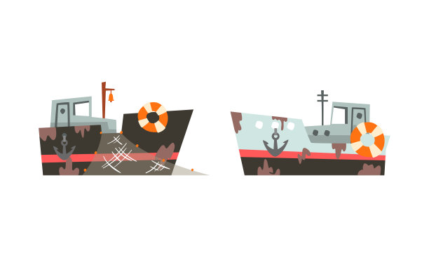 渔船或渔船与网和蒸汽漏斗在海向量集捕鱼图片下载