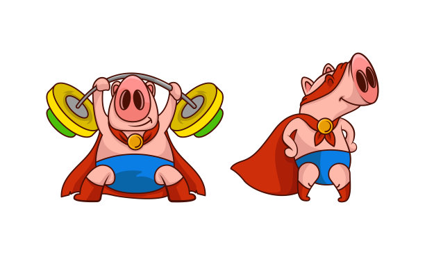 粉红猪在红色超级英雄斗篷和面具举起沉重的杠铃和站立向量集图片下载