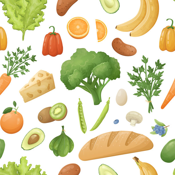 无缝模式与矢量隔离现实的食物插图。新鲜健康的蔬菜和水果，生香草，面包，奶酪和牛奶。图片下载