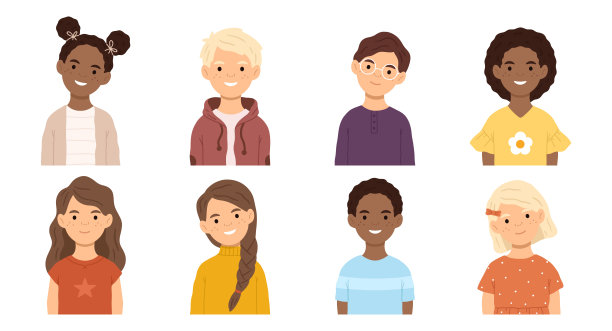 不同种族和头发颜色的孩子头像收藏。平面风格矢量插图孤立在白色背景。不同种族和头发颜色的孩子头像收藏。平面风格矢量插图孤立在白色背景。图片下载