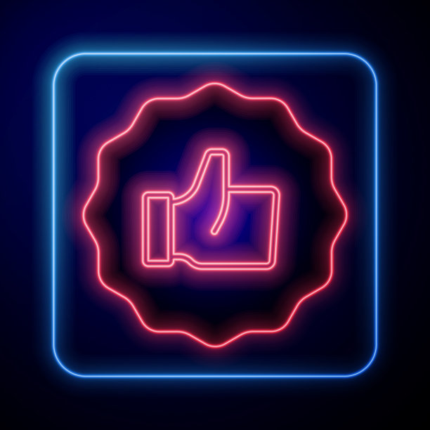 发光的霓虹灯大拇指上的图标孤立在蓝色图片下载