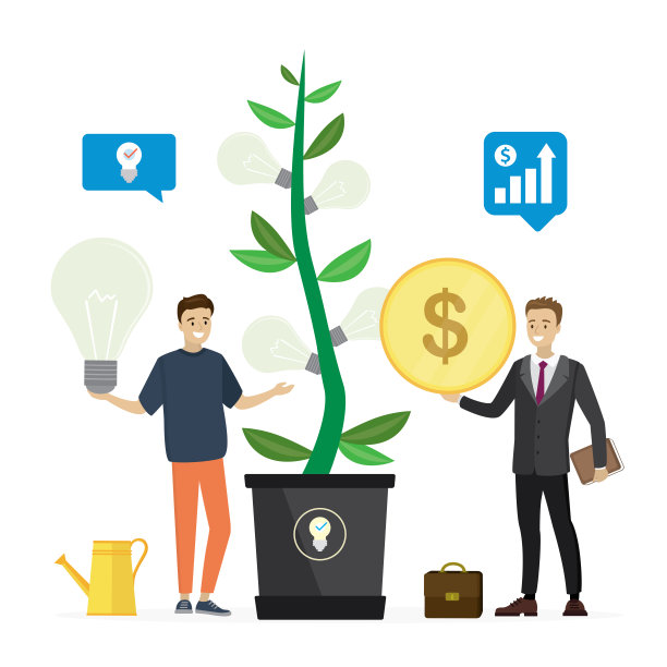 商人站在新思想生长的树旁。发展新型创业创新。头脑风暴、企业孵化器。图片下载