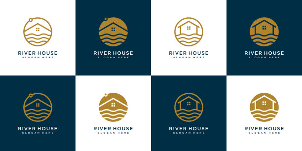 一套极简线条抽象住宅与河流设计图片下载