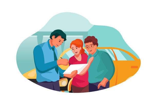 汽车经销商向购车夫妇解释销售合同图片下载