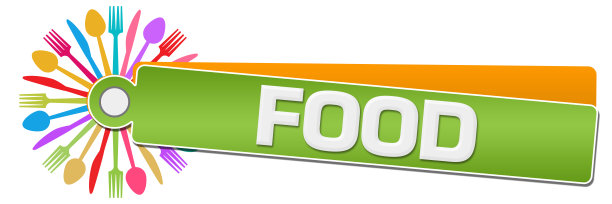 食品绿色橙彩色勺叉刀圆形标签图片下载