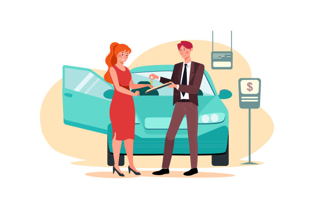 年轻微笑的女人正在领一辆新车的钥匙图片下载