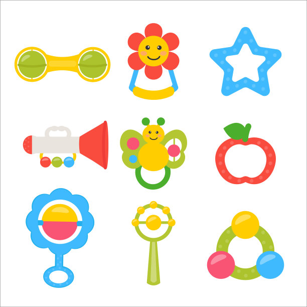 婴儿拨浪鼓向量集。安抚或娱乐婴儿的玩具。婴儿用品。图片下载