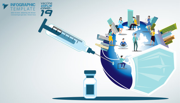 男人和女人都戴口罩。世界放口罩健康。保持社交距离，说明新型冠状病毒医疗喷雾疫苗。信息图表模板。图片下载