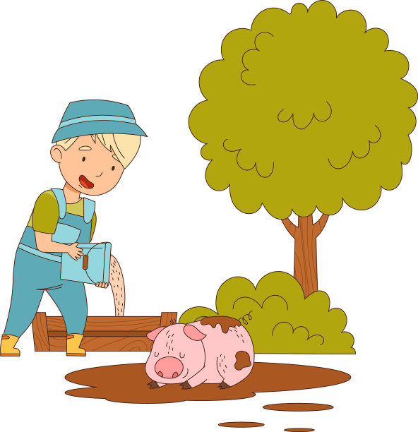 小男孩在整体倒饲料给躺着的猪图片下载