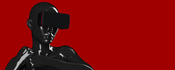 女性半机械人在黑色铬头形状使用虚拟现实耳机图片下载