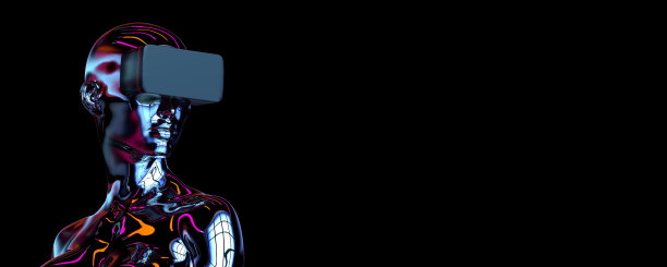 女性半机械人在彩色铬头形状使用虚拟现实耳机图片下载