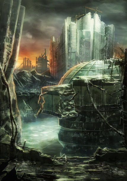 被破坏的废弃城市街景环境景观的数字插图图片下载