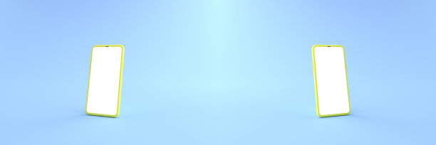 3 d渲染。黄色的智能手机白色屏幕在蓝色地板上，手机模型倾斜在地上。智能手机白屏可用于商业广告，隔离在蓝色背景上。图片下载