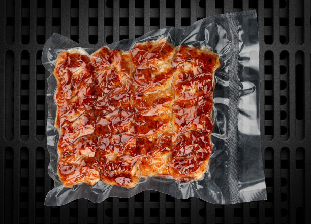 真空包装的烤肉，深色背景，烤鸡串。可以吃了。图片下载