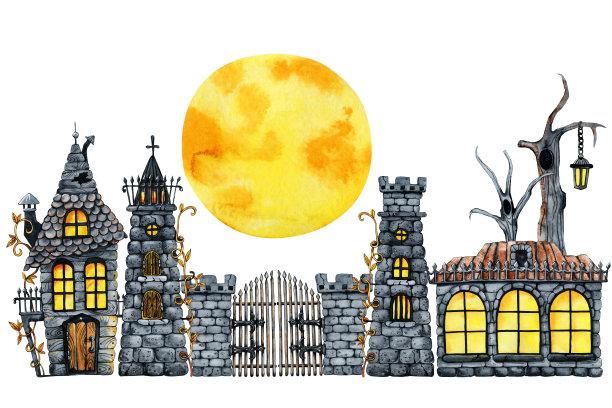 哥特式城堡剪纸，万圣节恐怖的房子。手绘水彩插图孤立在白色白色。鬼屋、景观、万圣节景观假日设计图片下载