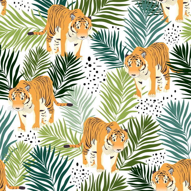 无缝图案与老虎和棕榈叶图片下载