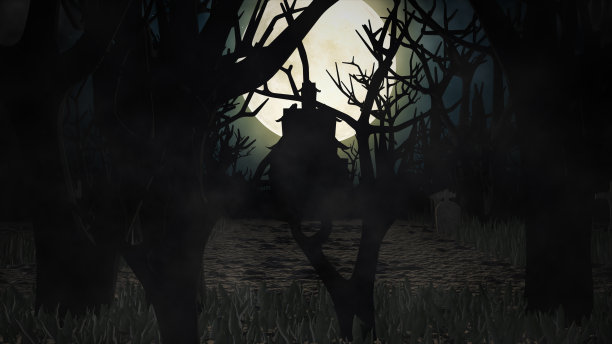 万圣节的背景与坟墓，在雾蒙蒙的夜晚幽灵与梦幻般的大月亮在天空中。图片下载