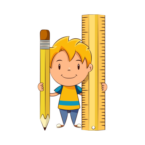 孩子拿着大铅笔和尺子，快乐可爱的孩子学习用品图片下载