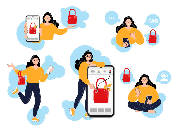 一个微笑的年轻女子在网上商店挑选一个包。女孩打电话支持，阅读常见问题和指南。女人显示喜欢和ok。卡通风格的矢量人物。孤立在白色，平面插图。图片下载